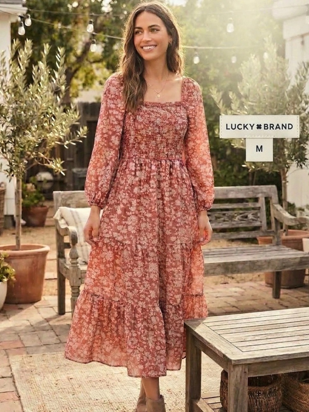 Lucky Brand Square Neck Smocked Midi Dress Red & White Medium